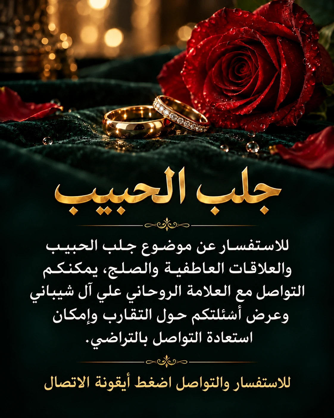 جلب الحبيب — للاستفسار عن موضوع جلب الحبيب والعلاقات العاطفية والصلح، يمكنكم التواصل مع العلامة الروحاني علي آل شيباني وعرض أسئلتكم حول التقارب وإمكان استعادة التواصل بالتراضي. للاستفسار والتواصل اضغط أيقونة الاتصال.