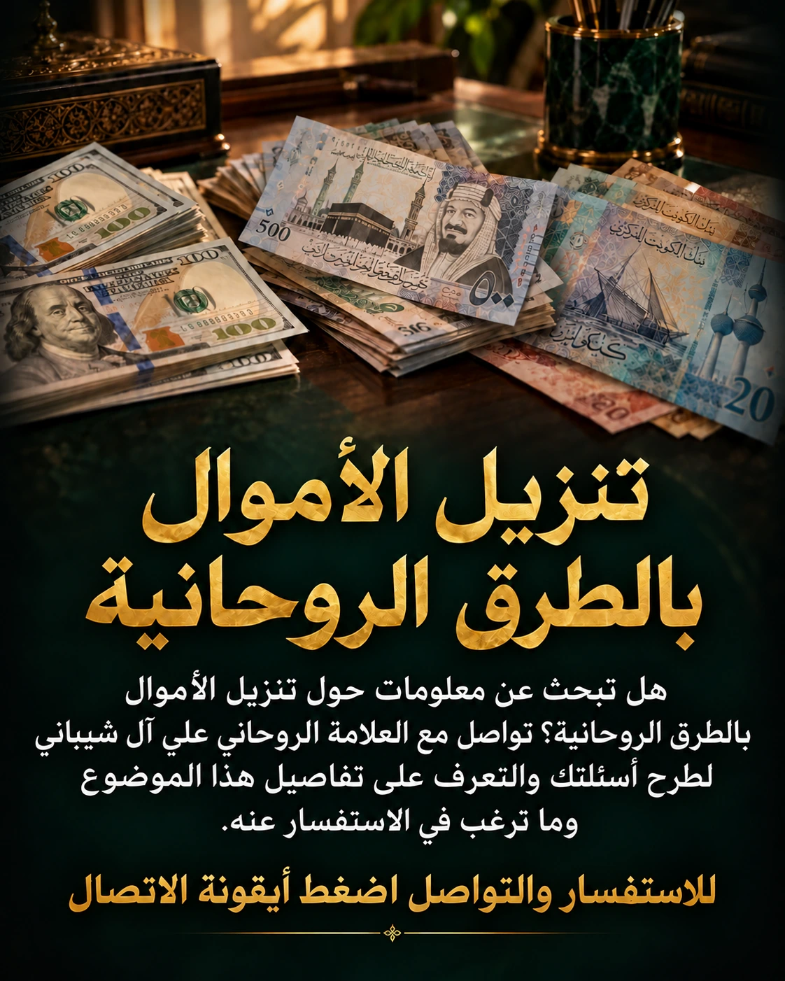 تنزيل الأموال بالطرق الروحانية — هل تبحث عن معلومات حول تنزيل الأموال بالطرق الروحانية؟ تواصل مع العلامة الروحاني علي آل شيباني لطرح أسئلتك والتعرف على تفاصيل هذا الموضوع وما ترغب في الاستفسار عنه. للاستفسار والتواصل اضغط أيقونة الاتصال.