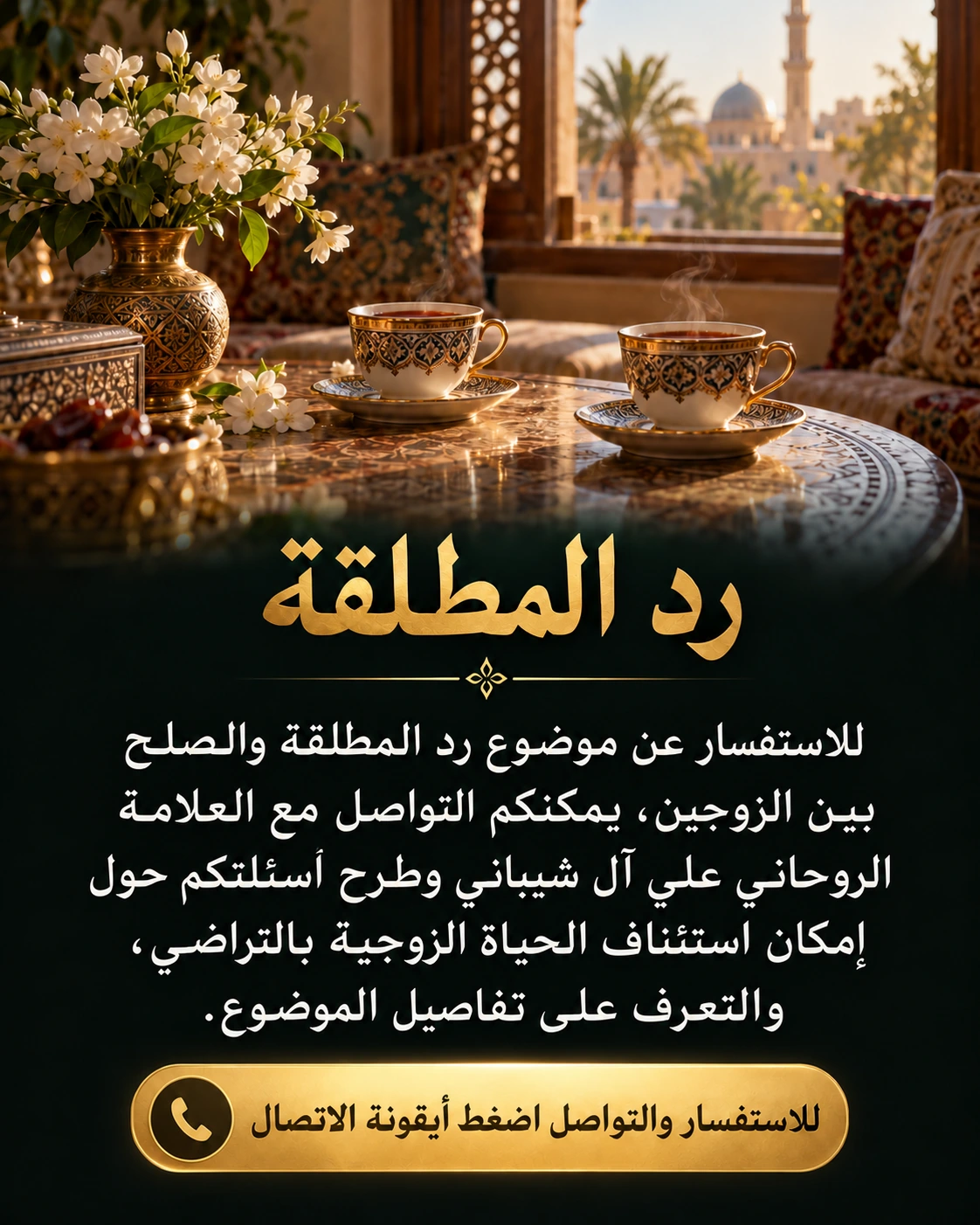رد المطلقة — للاستفسار عن موضوع رد المطلقة والصلح بين الزوجين، يمكنكم التواصل مع العلامة الروحاني علي آل شيباني وطرح أسئلتكم حول إمكان استئناف الحياة الزوجية بالتراضي، والتعرف على تفاصيل الموضوع. للاستفسار والتواصل اضغط أيقونة الاتصال.