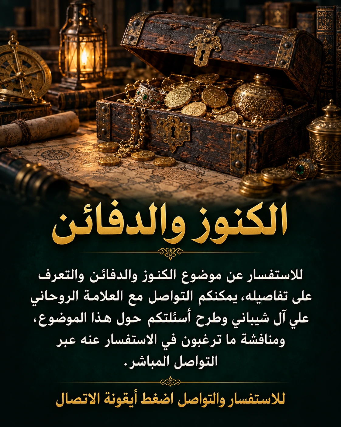 الكنوز والدفائن — للاستفسار عن موضوع الكنوز والدفائن والتعرف على تفاصيله، يمكنكم التواصل مع العلامة الروحاني علي آل شيباني وطرح أسئلتكم حول هذا الموضوع، ومناقشة ما ترغبون في الاستفسار عنه عبر التواصل المباشر.